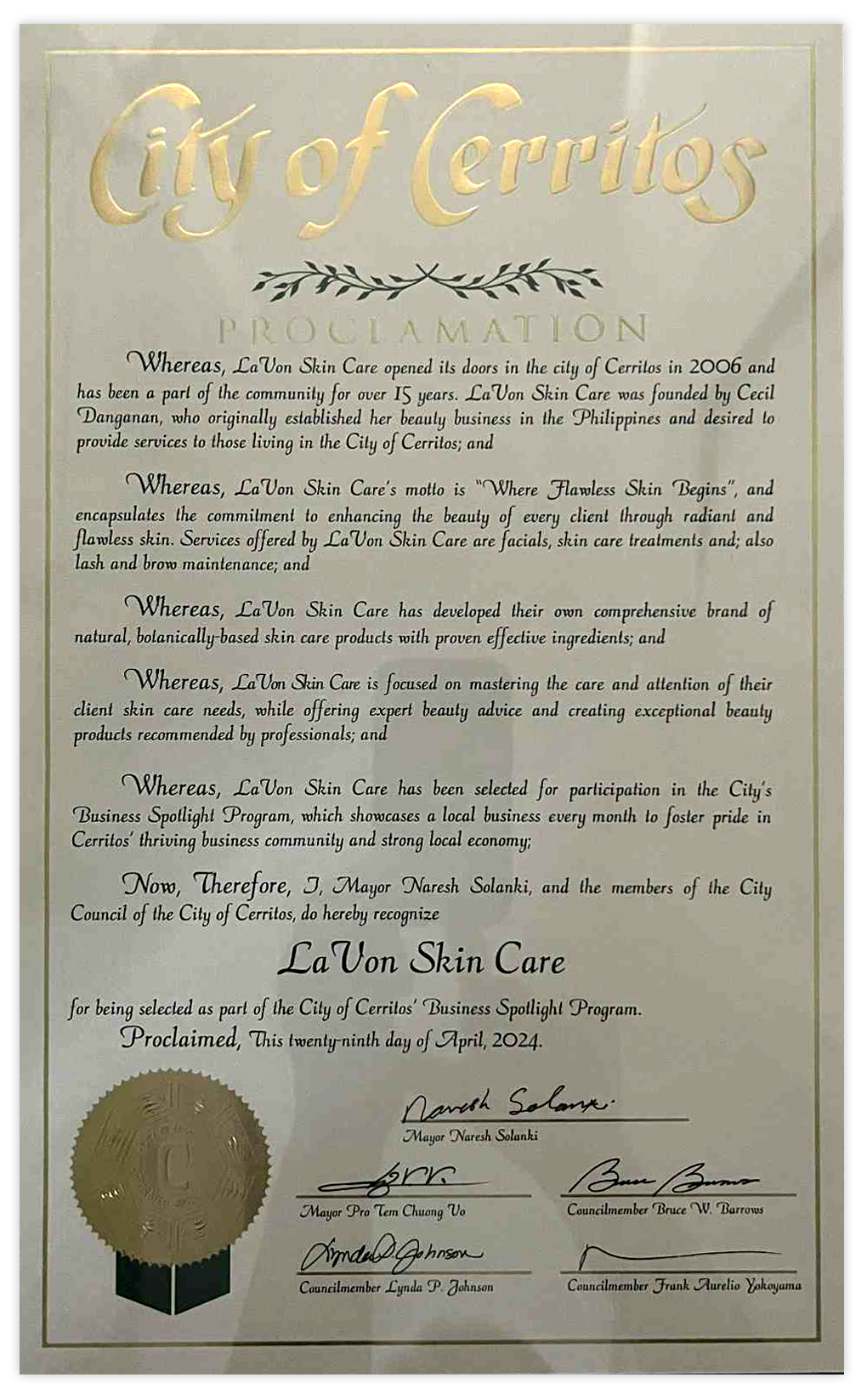 city of cerritos proclamation cert